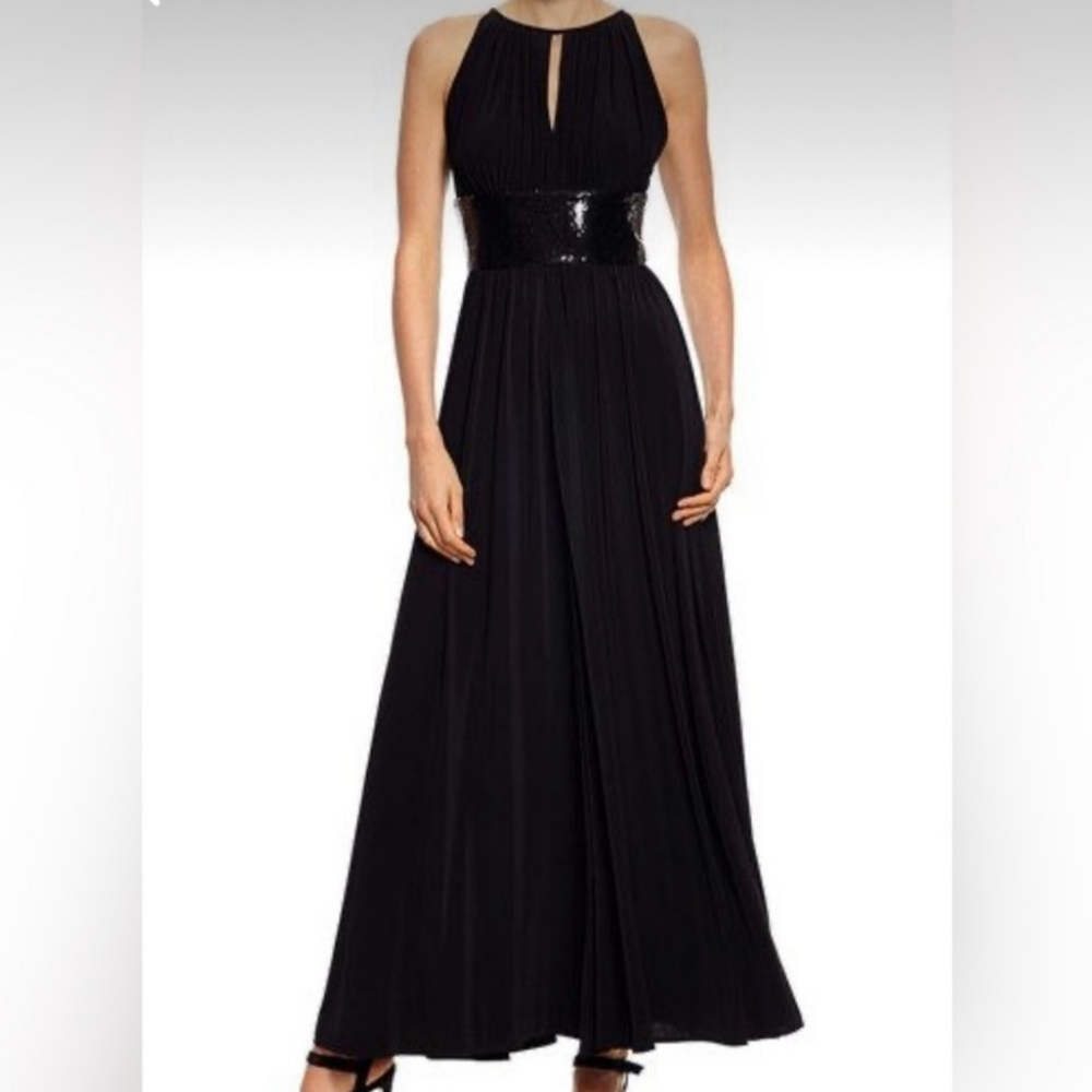 R & M Richards Black Sequin Key Hole Tie Slit Maxi Dress, Size 14W